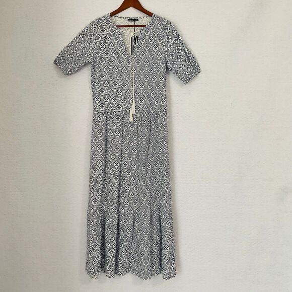 Noracora Dress Women S White Blue Damask Maxi Tier Cotton Linen Cottage Boho NWT - Picture 11 of 12